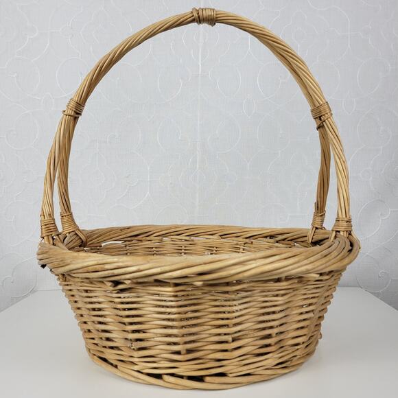 Vintage Wicker Basket Tan Natural Woven Rattan Round Handle Farmhouse Decor - Picture 15 of 16